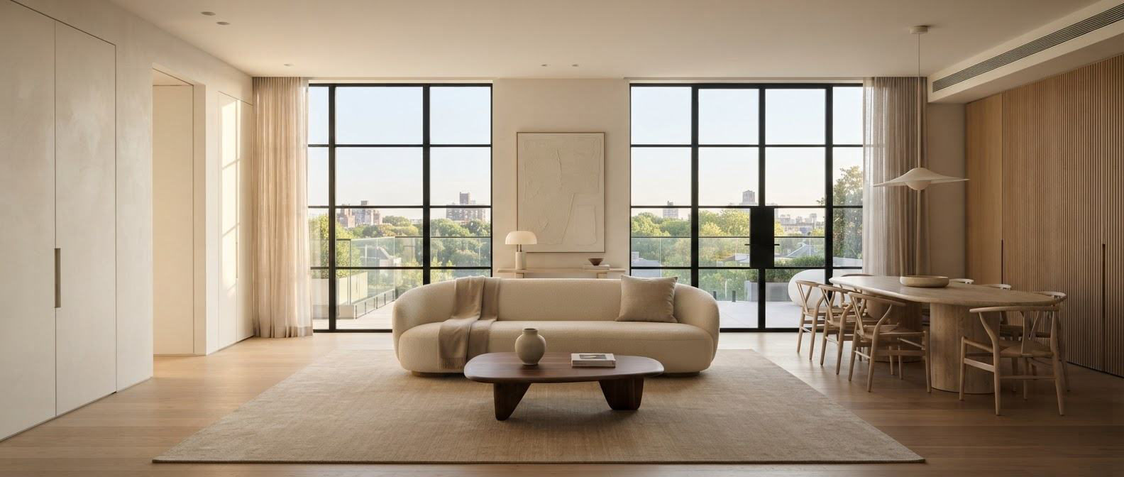 Apartment interior with large windows