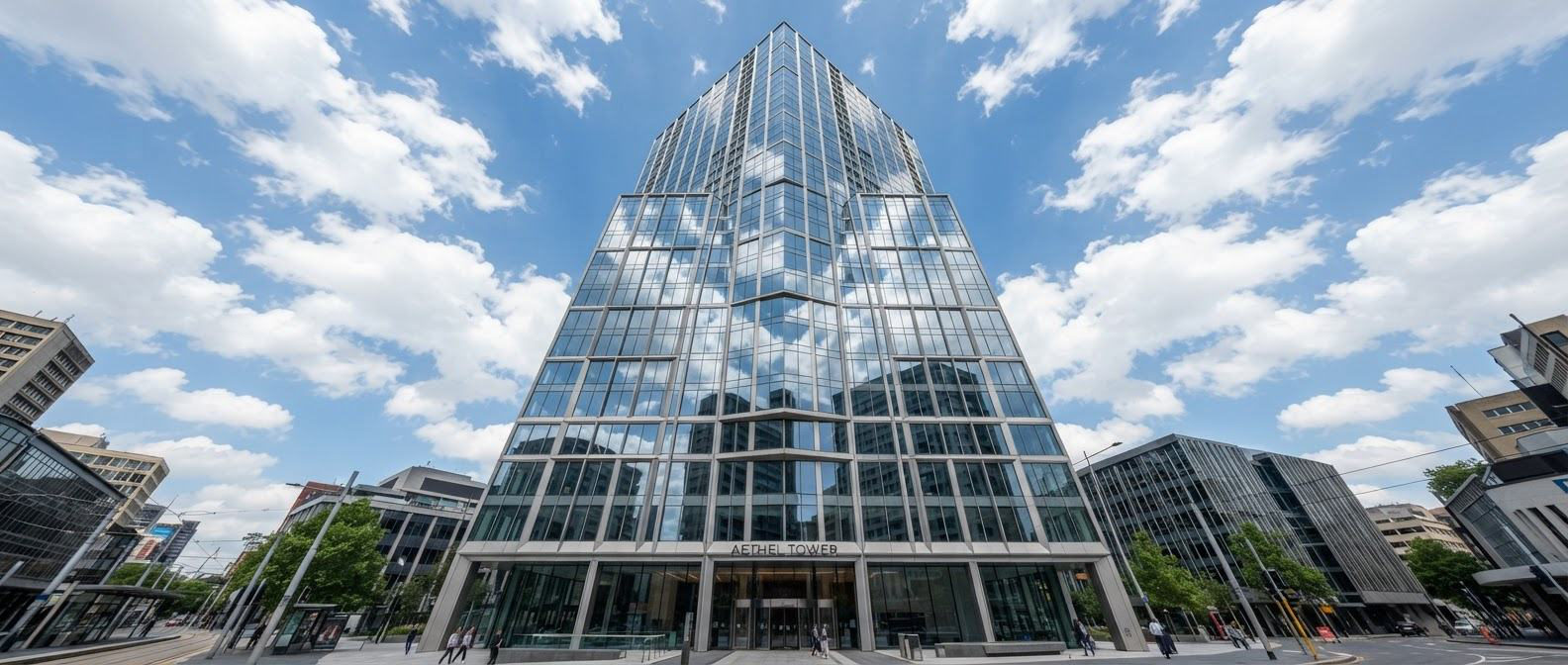 Glass office tower against the sky